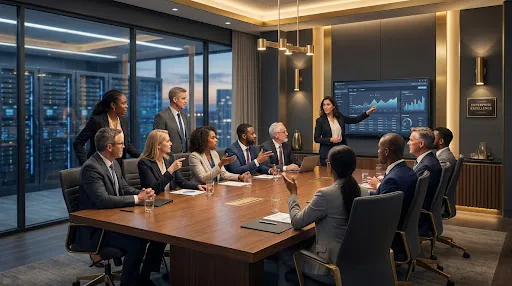 Diverse team of corporate executives and IT experts in a collaborative boardroom discussion